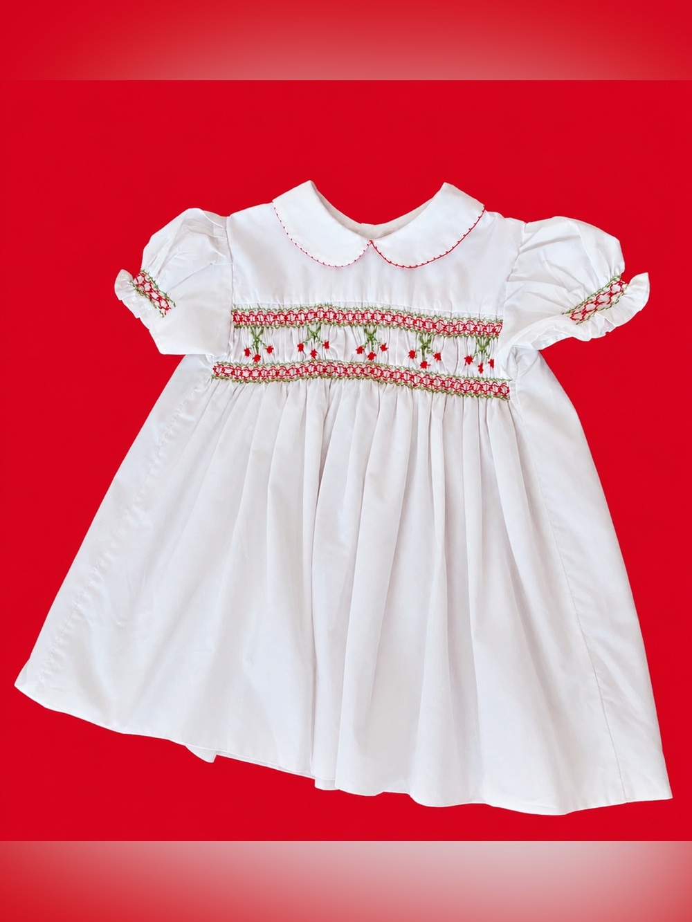 Vintage White Smocked Peter Pan Collar with Cherry Detail